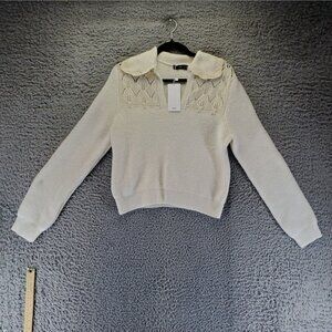 Mango Sweater Womens Medium Ivory Lace Collar Knit Acrylic Blend Pullover *NWT*